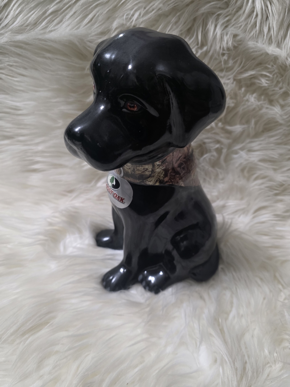 Black Ceramic Dog Figurine with Mossy Oak Collar - Decorative Pet Statue